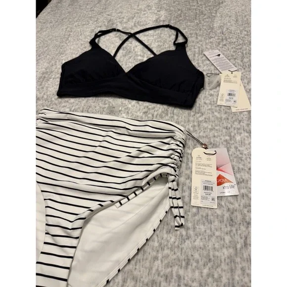 Calia  Womens swim Bikini Set Black Halter Top Striped High Waisted Bottoms NWT - Picture 2 of 6
